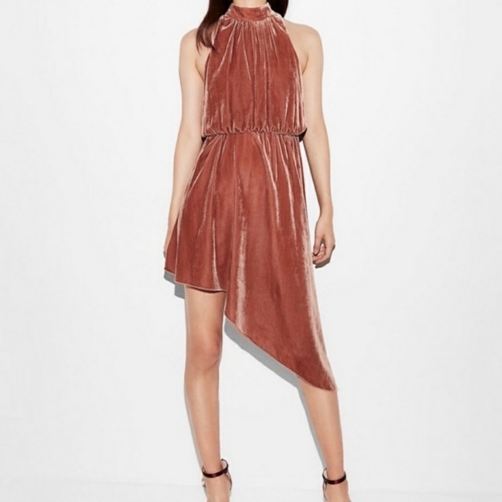 Express Women's Rose Gold Crushed Velvet Asymmetrical Sleeveless Whimsy Dress S